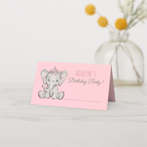 Princess Elephant Pink Childs Script Birthday  Place Card