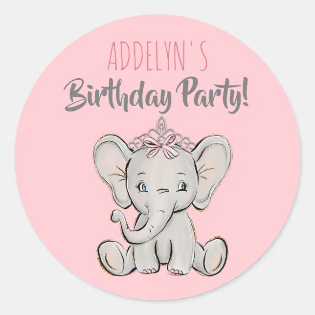 Princess Elephant Tiara Pink Child's Birthday Classic Round Sticker ...