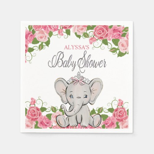 Princess Elephant Tiara Pink Floral Baby Shower Napkins