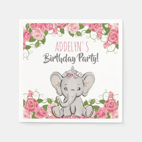 Princess Elephant Tiara Pink Floral Birthday Party Napkins