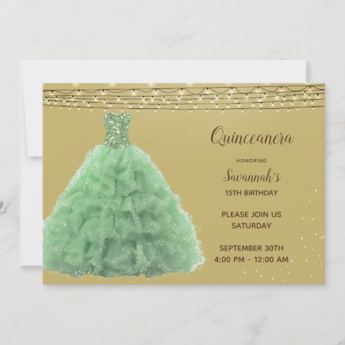 Princess Emerald Gown String Lights Quinceanera Invitation