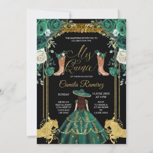 Princess emerald Green  Gold Charra Mis Quince Invitation