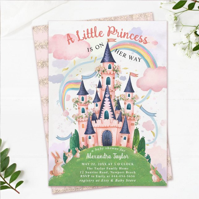 Princess Fairytale Castle Bunny Baby Girl Shower Invitation (princess baby shower invitation pink fairytale enchanted garden bunny rabits magical castle cute)