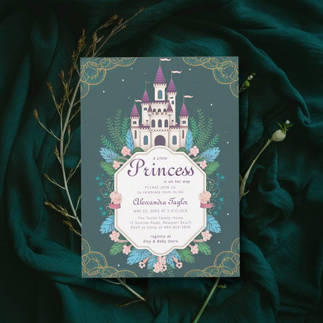 Princess Fairytale Castle Forest Baby Girl Shower Invitation (princess girl baby shower invitation enchanted forest magical castle emerald greenery frame)