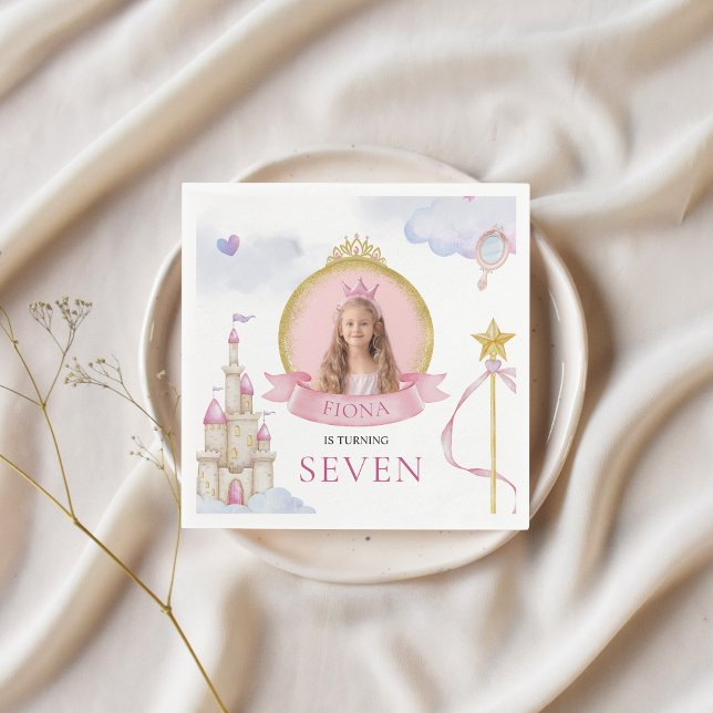 Princess Fairytale Cute Pink Girl's Photo Birthday Napkins (Custom Girl's Birthday Napkins Princess Fairytale Themed with Photo Whimsical Cute Modern Gold)