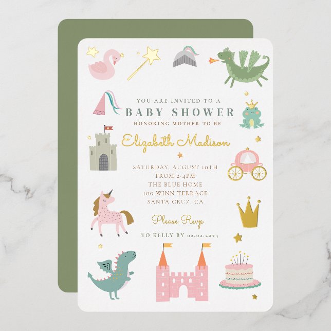 Princess fairytale unicorn Baby Shower Foil Invitation (Front/Back)