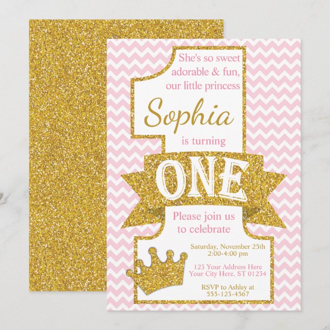 Princess First Birthday Invitation | Pink and Gold (Front/Back)