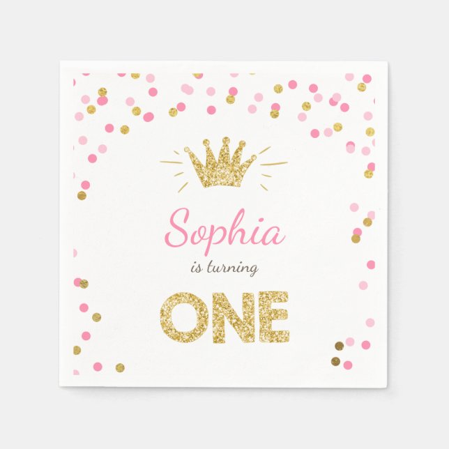 Princess First birthday Paper Napkin Gold Pink (Front)