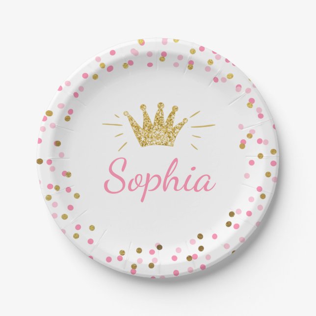 Princess First birthday Paper Plates Pink Gold (Front)