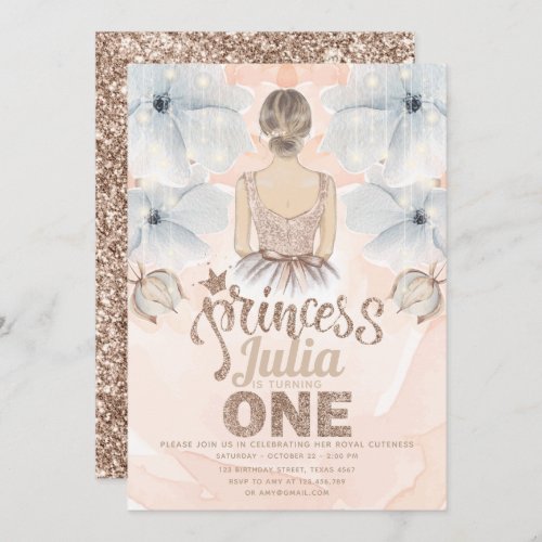 Princess First Birthday Party Beige glitter Invitation