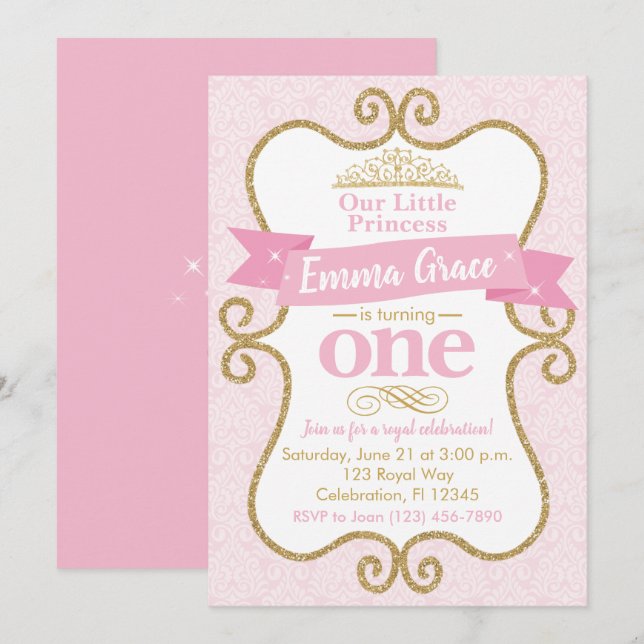 Princess First Birthday Pink and Gold Party Invitation (Front/Back)