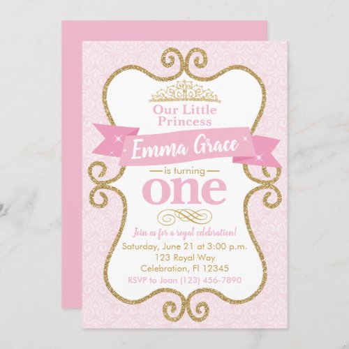 Princess First Birthday Pink and Gold Party Invitation
