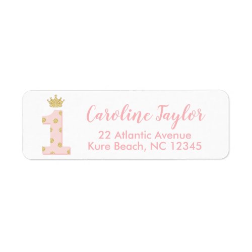 Princess First Birthday Pink Gold Glitter Address Label