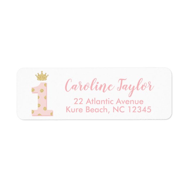 Princess First Birthday Pink Gold Glitter Address Label (Front)