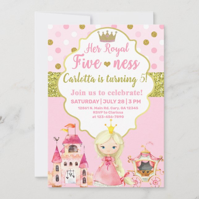 Princess, five-ness, royal, girl birthday invite. invitation (Front)