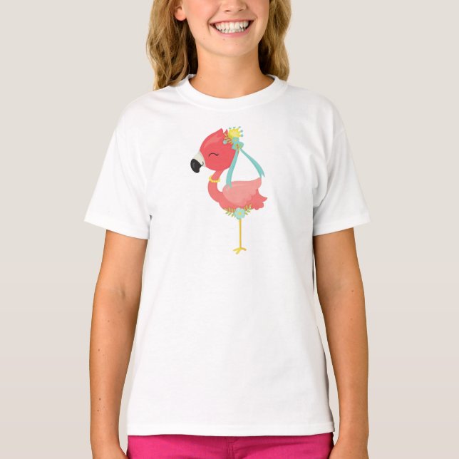 Princess Flamingo, Crown, Flowers, Cute Flamingo T-Shirt (Front)