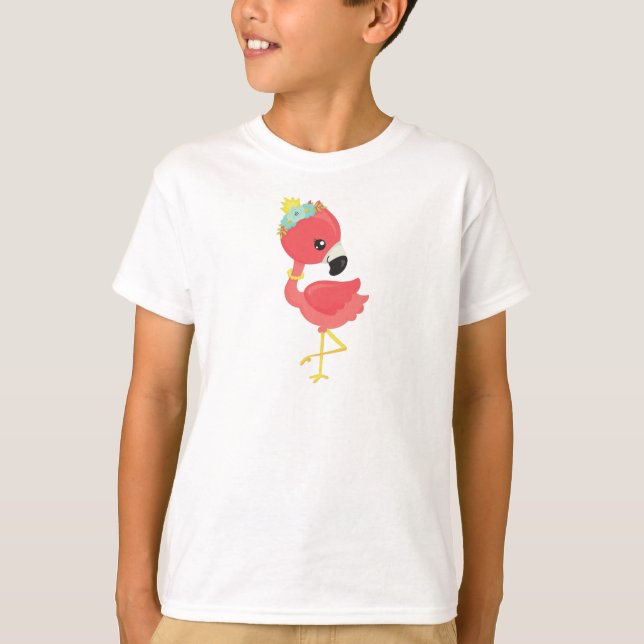 Princess Flamingo, Flowers, Crown, Cute Flamingo T-Shirt (Front)
