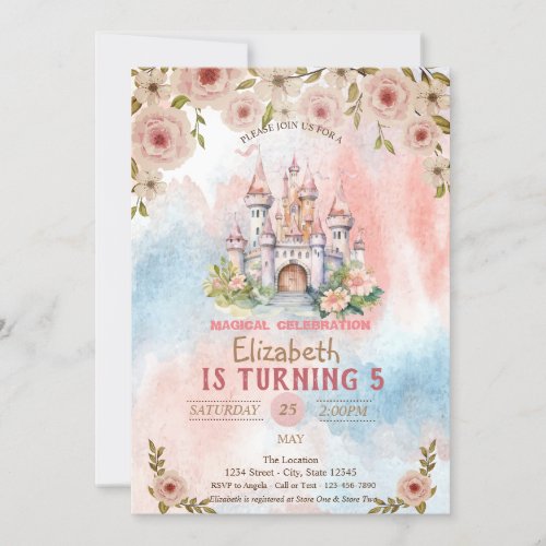 Princess Floral Castle Watercolor Birthday Invitation
