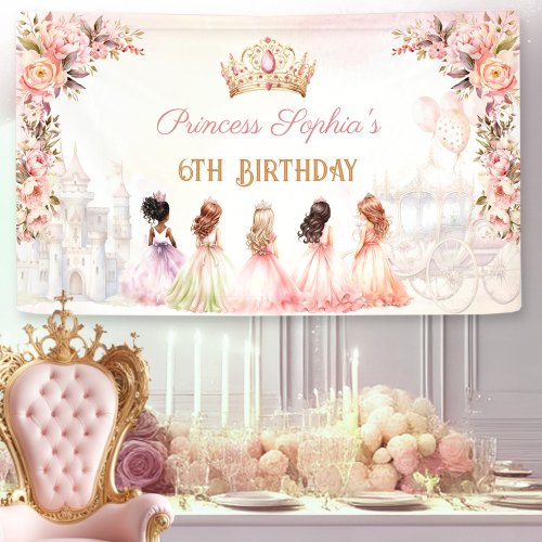 Princess Floral Crown Pink Gold Girl Birthday Banner