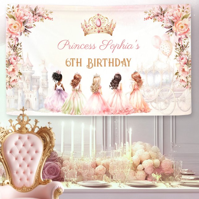 Princess Floral Crown Pink Gold Girl Birthday Banner (Princess Floral Crown Pink Gold Girl Birthday Banner)