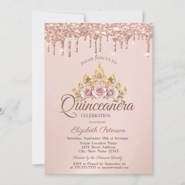 Princess Floral Crown Rose Gold Drips Quinceañera Invitation (Front)