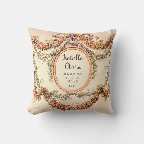 Princess French Vintage Floral  Baby Name Stats Throw Pillow