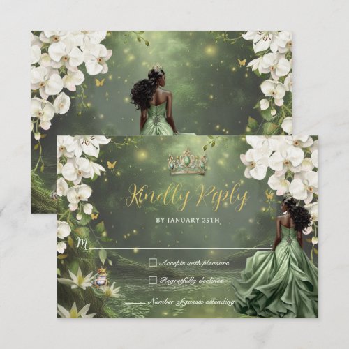 Princess &amp; Frog Green Dress Sweet 16 Quincea&#241;era  RSVP Card