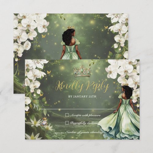 Princess &amp; Frog Green Dress Sweet 16 Quinceanera RSVP Card