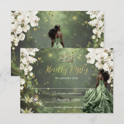 Princess &amp; Frog Green Dress Sweet 16 Quinceanera RSVP Card