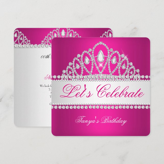 Princess Fuchsia White Diamond Tiara Birthday Invitation (Front/Back)