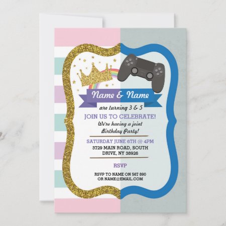 Princess & Gaming Joint Boy Girl Birthday Invites
