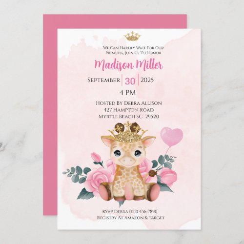 Princess Giraffe Pink Floral Baby Shower  Invitat Invitation