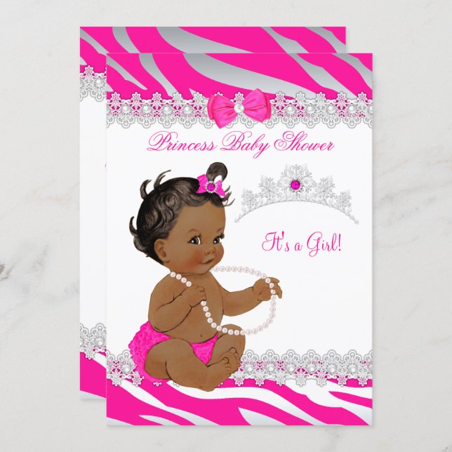 Princess Girl Baby Shower Hot Pink Zebra Ethnic Invitation (Front/Back)