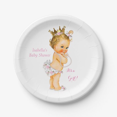 Princess Girl Baby Shower Pink Gold Crown Blonde Paper Plates