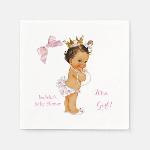 Princess Girl Baby Shower Pink Gold Crown Brunette Paper Napkins