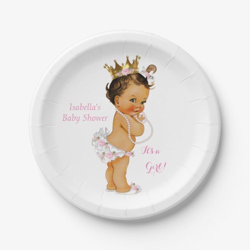 Princess Girl Baby Shower Pink Gold Crown Brunette Paper Plates