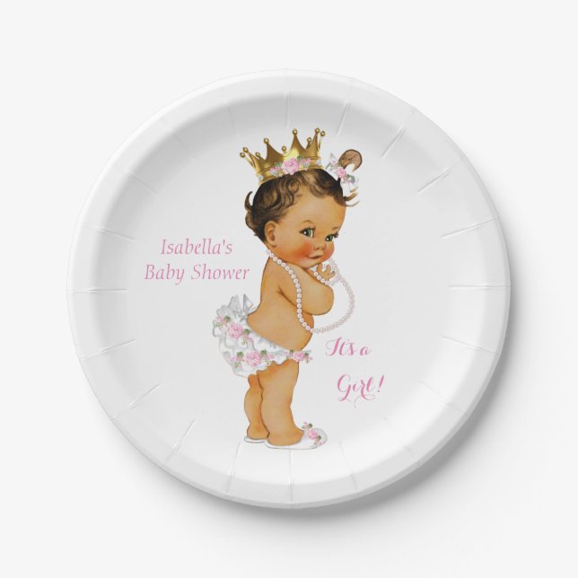Princess Girl Baby Shower Pink Gold Crown Brunette Paper Plates (Front)