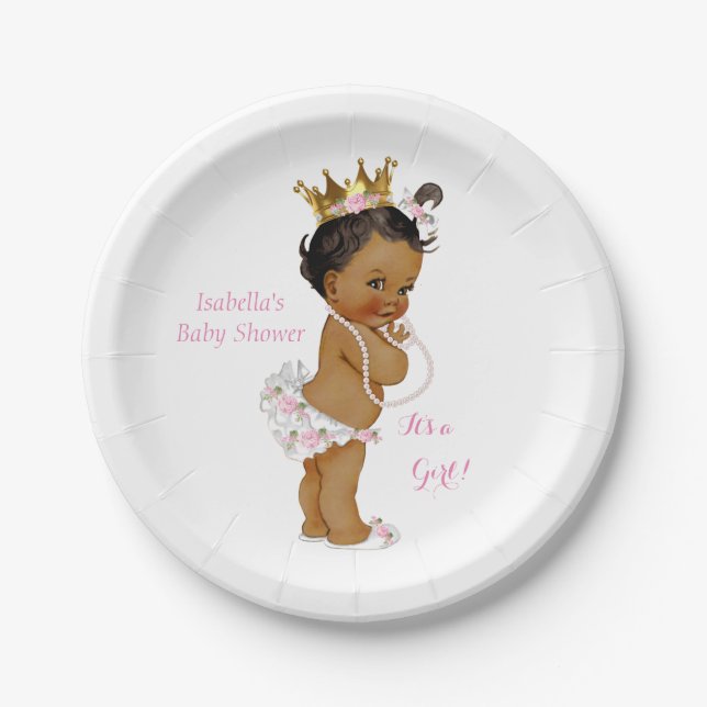 Princess Girl Baby Shower Pink Gold Crown Ethnic Paper Plates (Front)