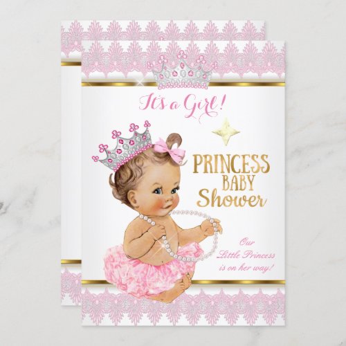 Princess Girl Baby Shower Pink Gold Tutu Brunette Invitation