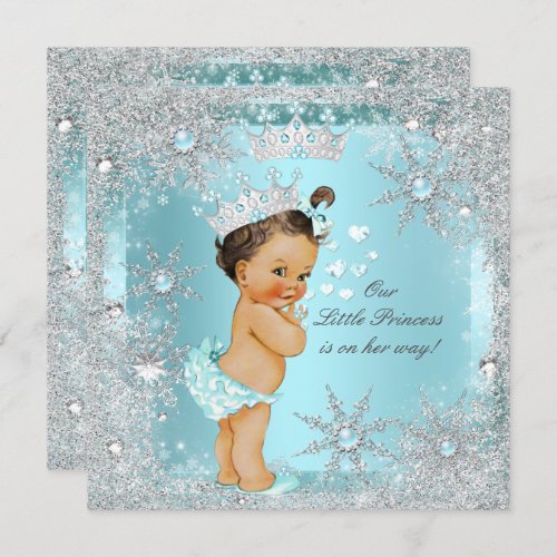 Princess Girl Baby Shower Teal Blue Heart Brunette Invitation