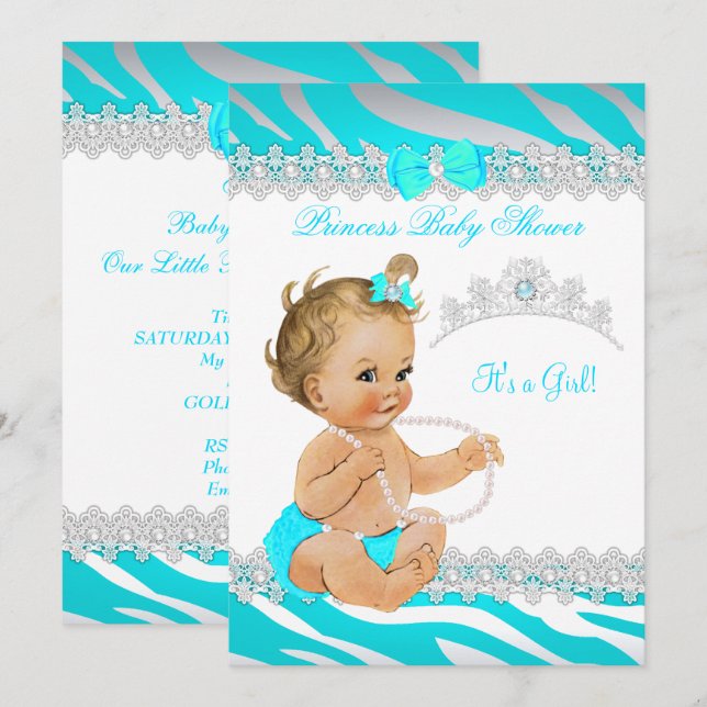 Princess Girl Baby Shower Teal Zebra Blonde Invitation (Front/Back)