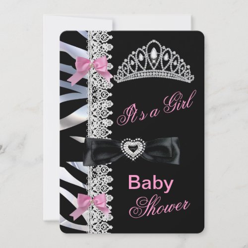 Princess Girl Baby Shower Tiara Zebra Pink Black Invitation