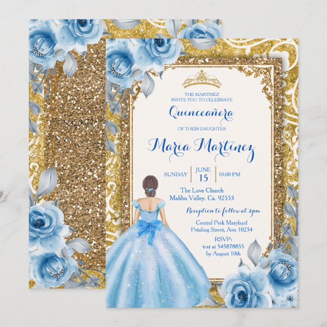 Princess Gold and Blue Rose Quinceanera Invitation (Front/Back)