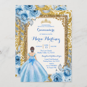 Princess Gold and Blue Rose Quinceanera Invitation