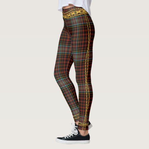 Princess Gold Chain Trim Red Black Teal Plaid Leggings