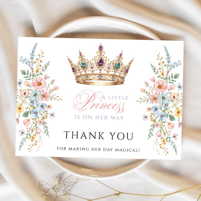 Princess Gold Crown Floral Baby Shower Thank  you Card (Creator Uploaded)
