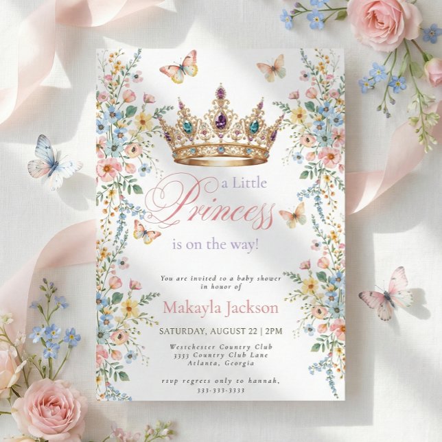 Princess Gold Crown Floral Butterfly Baby Shower Invitation (Creator Uploaded)