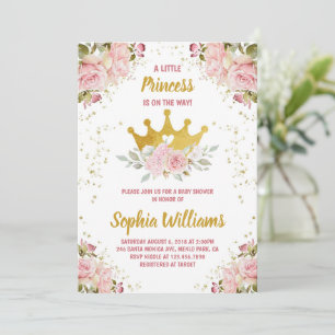 Princess Gold Crown Pink Floral Baby Shower  Invitation