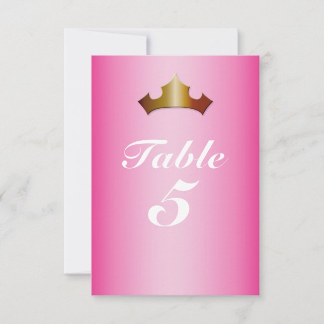 Princess Gold Crown Pink Party Table Number Card (Front)