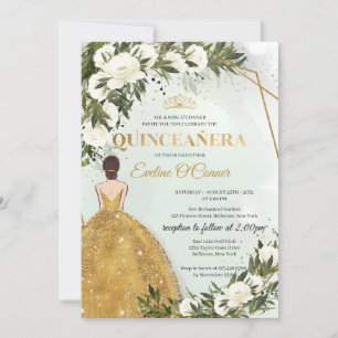 Princess gold dress greenery floral Quinceañera Invitation